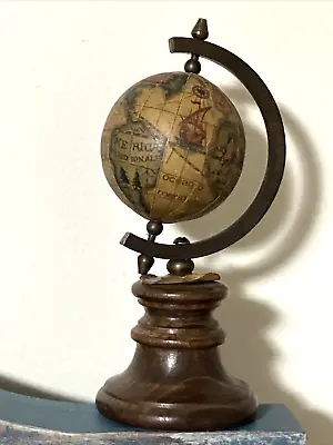 VTG Awesome! Small 5  Miniature Desk Globe Latin Wooden Pedastal Made In Italy • $125