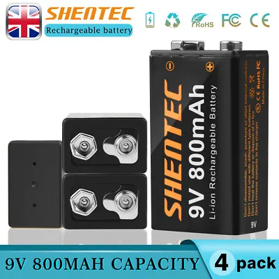 Shentec 800mAh 4Pack 9V Block 6F22 Battery Lithium 9 Volt Rechargeable Batteries • £19.91