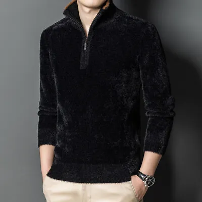 Faux Mink Velvet Thicken Sweater Men Half Zipper Stand Collar Warm Knitted Shirt • $38.71