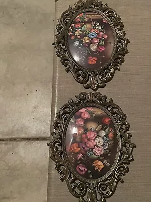 Vintage Italian Ornate Brass Frame Floral Picture Convex Oval Bubble Glass - 2 • $75