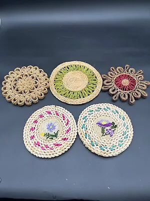 Vintage Trivets Lot Of 6 Raffia Straw Hot Pads Rattan Wicker Boho Wall Art Decor • $28.99