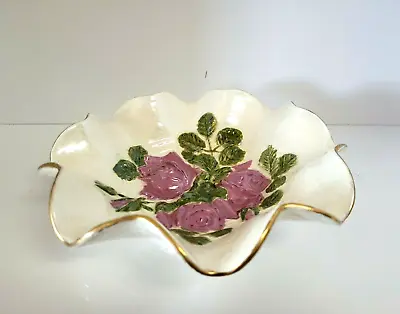 Vintage Ruffled Edge Shell Look Dish/Candy Bowl Raised Purple Roses In Bottom • £13.50