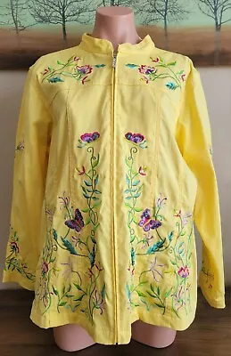 Quaker Factory Womens Yellow Embroidered Zip-Up Jacket Butterfly Flowers Boho XL • $24.99
