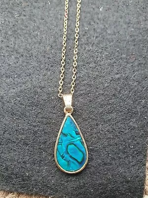 Teardrop Necklace Blue Paua Abalone Shell Pendant Gold Tone Jewellery • £3.75