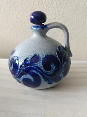 Salt Glazed Pottery Jug With Stopper Cobalt Blue & Gray 1/2 Liter Pouring... • $30