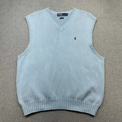 Polo Ralph Lauren Sweater Mens XL Blue Cotton Knit Vest V Neck Golf Outdoor Dad • $25.58