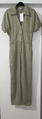 Zara Khaki Collared Straight Leg Soft Cotton Jumpsuit With Pockets Size M Bnwt • £34.99