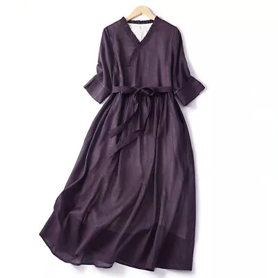 Women Ruffle V Neck Short Sleeve Midi Dress Belted Casual Summer Vintage Style • $25.99