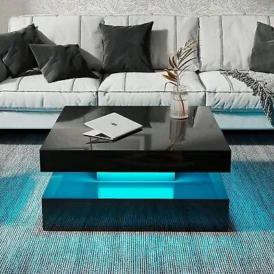 LED Coffee Table With Lights Center Cocktail Table Living Room High Gloss Black • $160.99