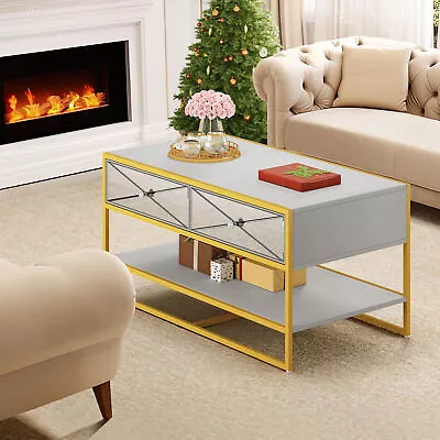 Coffee Table With Storage Drawers And Open Shelf Mirrored Cocktail Center Table • $116.27