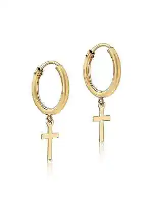 Tuscany Gold 9ct Gold Yellow Gold Cross Sleeper Hoop Earrings NEW • £22.39