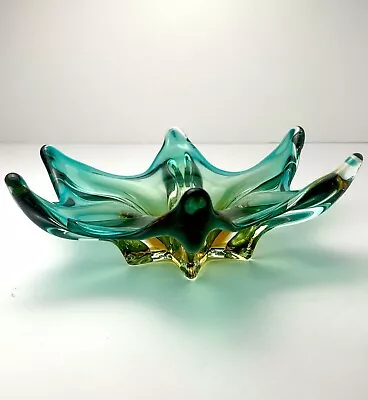 Vintage MURANO Glass Bowl Star Dish Cristallo Venezia JiCo Sommerso Green Yellow • $75.99