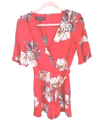 PARISIAN Red Floral Playsuit Size 10  Deep V Neck   Party Social Brand New • £12