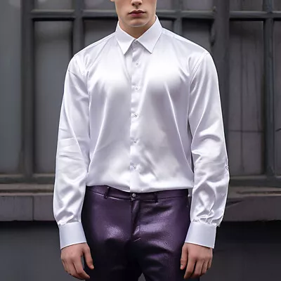 1x Men's Satin Silk Shirt Long Sleeve Button Down Casual Wedding Party Tops • £18.14