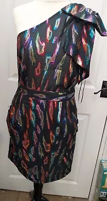 New With Tag Next Lined Black Dress Rainbow Glitter One Shoulder Small Size 8 • £2