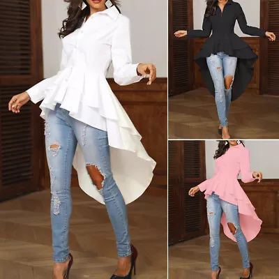£11.94 • Buy UK Women Ruffled Hem Asymmetric High Low Long Maxi Tops Button Down Blouse Shirt