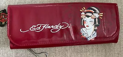 Ed Hardy Geisha Wristlet Clutch 12” Silver Chain Classic Red Purse Magnet Clasp • $24.99