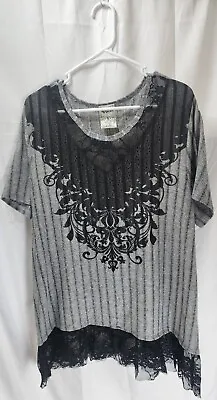 Vocal USA Gray Black Lace Hem Bling Short Sleeve Tunic Women's Size 3XL • $18