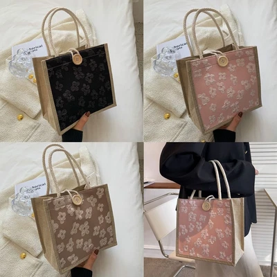 Linen Mini Tote Bag Small Flower Print Lunch Bag Simple Mommy Handbag • $8.32