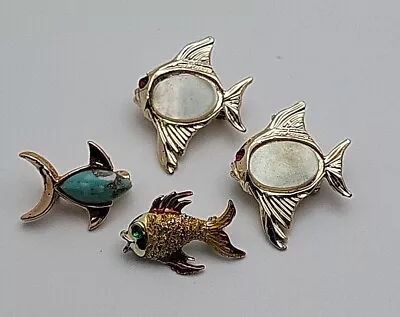 Vintage Gold Tone Faux Turquoise Mother Of Pearl Rhinestone Fish Brooch Pin Lot • $23.20