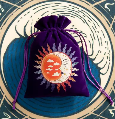 Purple Velvet Gift Bag / Tarot Bag With Moon Sun Eclipse Design Celestial • £3.99