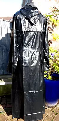 Shiny Black Mans Heavy Pvc Vinyl Raincoat With Hood + Belt Xl • $31.13