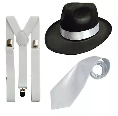 £9.95 • Buy Gangster Trilby Hat Braces Tie 1920's Gatsby Bugsy Malone Al Capone - Adult Size
