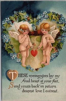 Vintage VALENTINE'S DAY Embossed Postcard Boy & Girl Angels Cupids / Dated 1914 • $5.62