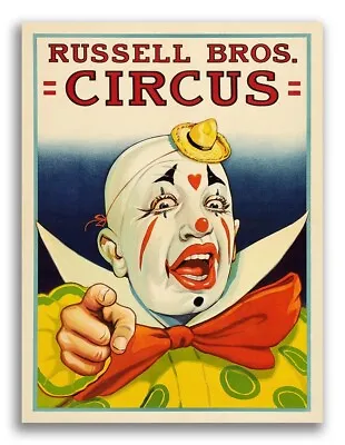 Russell Bros Circus Creepy Clown Pointing 1940s Vintage Style Poster - 24x32 • $40.38