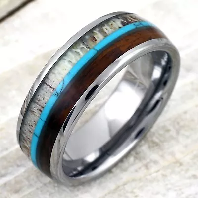 Engraved Tungsten Or Hi-Tech Ceramic Men's Deer Antler Turquoise Wood Band Ring • $30.99