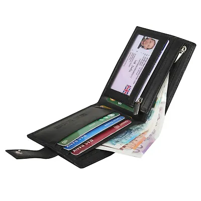 RFID BLOCKING Wallet For Mens Bifold Zipped Coin Purse And ID Window 421 Black • £6.99