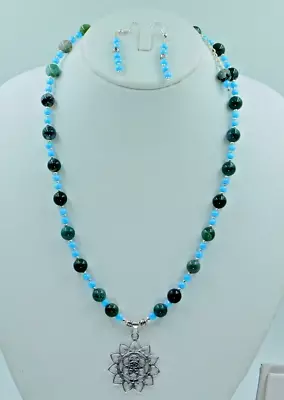 Gorgeous Handmade Moss Agate Necklace Wth Mandala Pendant & Earrings Jewelry Set • $17.98