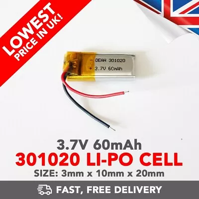 3.7V 60mAh Li-Po Battery (301020) Rechargeable High Capacity Tablet + Device • £4.99