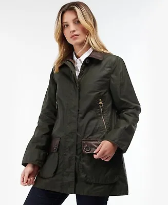 $363.45 • Buy New BARBOUR Olive Buscot Wax Jacket £269 Coat Leather UK 10 EU 36 M Net A Porter