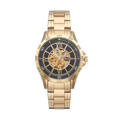 Elgin Men's Stainless Steel Automatic Gold Skeleton Watch Fg9040 • $65