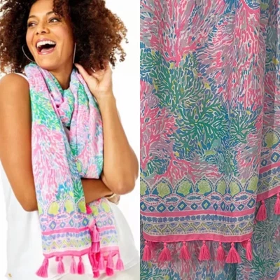 $54.99 • Buy Lilly Pulitzer NWT Resort Scarf Multi Stargazer Engineered Scarf Pink Tassels