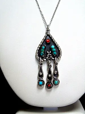 Vintage Matl Style TB-70 Taxco Mexico Sterling Silver Coral Turquoise Pendant • $148.50