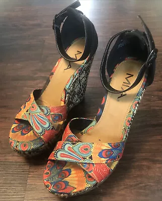 Women’s MIA Silva Multi Color Block Fabric Wedge Platform Sandals Shoes Size 7 • $25