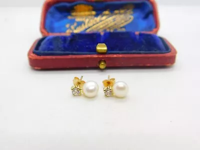 9ct Yellow Gold Pearl & Diamond Paste Stud Earrings Vintage C1970 • £55