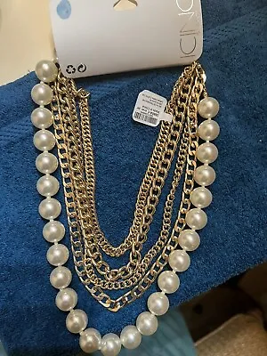 Icing Gold Tone Chain Faux Pearl Multi Strand Necklace Vintage Estate NWT • $7.50