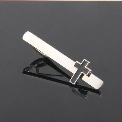 Black Cross Christian Tie Bar Silver Tie Clip Religious Cross Tie Clasp • $8.99