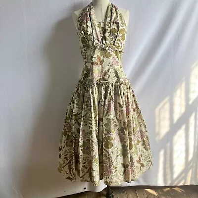 Vintage 1950s Full Skirt Floral Cotton Rockabilly Halter Dress • $199.99