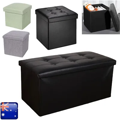 Folding Ottoman Storage Blanket Box Cube Pouf Seat Faux Leather Linen Foot Stool • $49.19