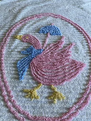 Vintage Plush Chenille Baby Crib Blanket Large Duck With A Parasol Pink Blue FUN • $25