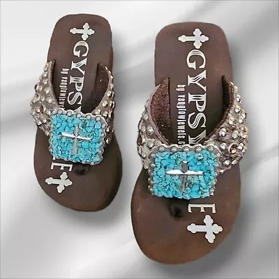 Rare Gypsy Soule Womens Wedge Platform Sandals Size 6 JEWEL Studded Flip Flops • $89.99