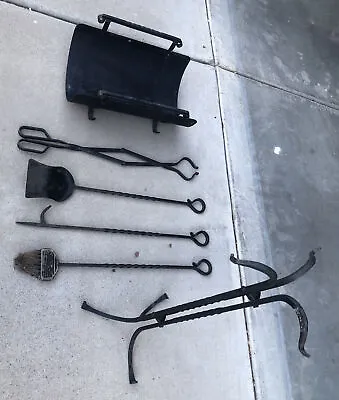 6 Pc Companion Fireplace Tool Set W Log Holder Hvy Iron Crafted Vtg Forged • $269