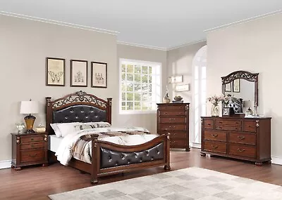 Vintage Bedroom Queen Size Bed Nightstand Dresser Mirror Chest 6pc Set Brown • $2349.99