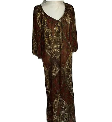 Vintage Womens Maxi Dress Paisley Print Metallic Thread Brown Blue Semi Sheer • $46.89