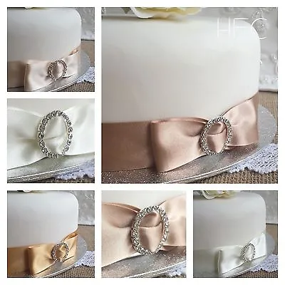 Satin Bow & Diamante Buckle Ribbon Cake DecorationRose GoldIvoryWhite Wedding • £3.99