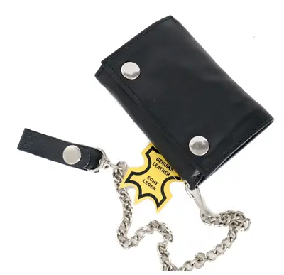 £16.99 • Buy  Genuine Leather Black Trifold Chain Wallet Biker Trucker Simple Style Burnished
